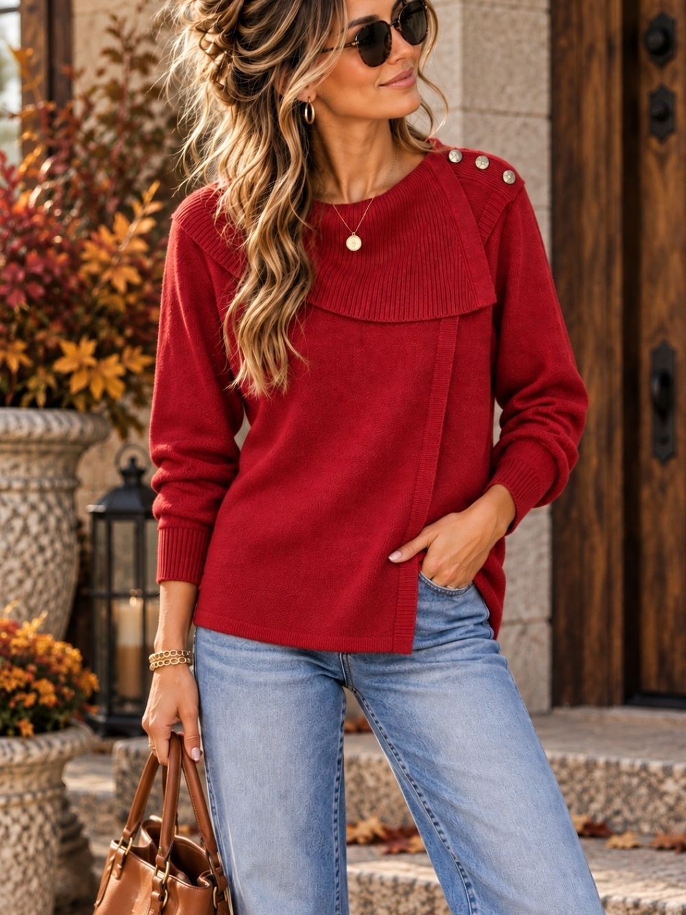 Adrienne Vittadini Red Cowl Neck Sweater Gold Buttons Fall Holiday Christmas Med